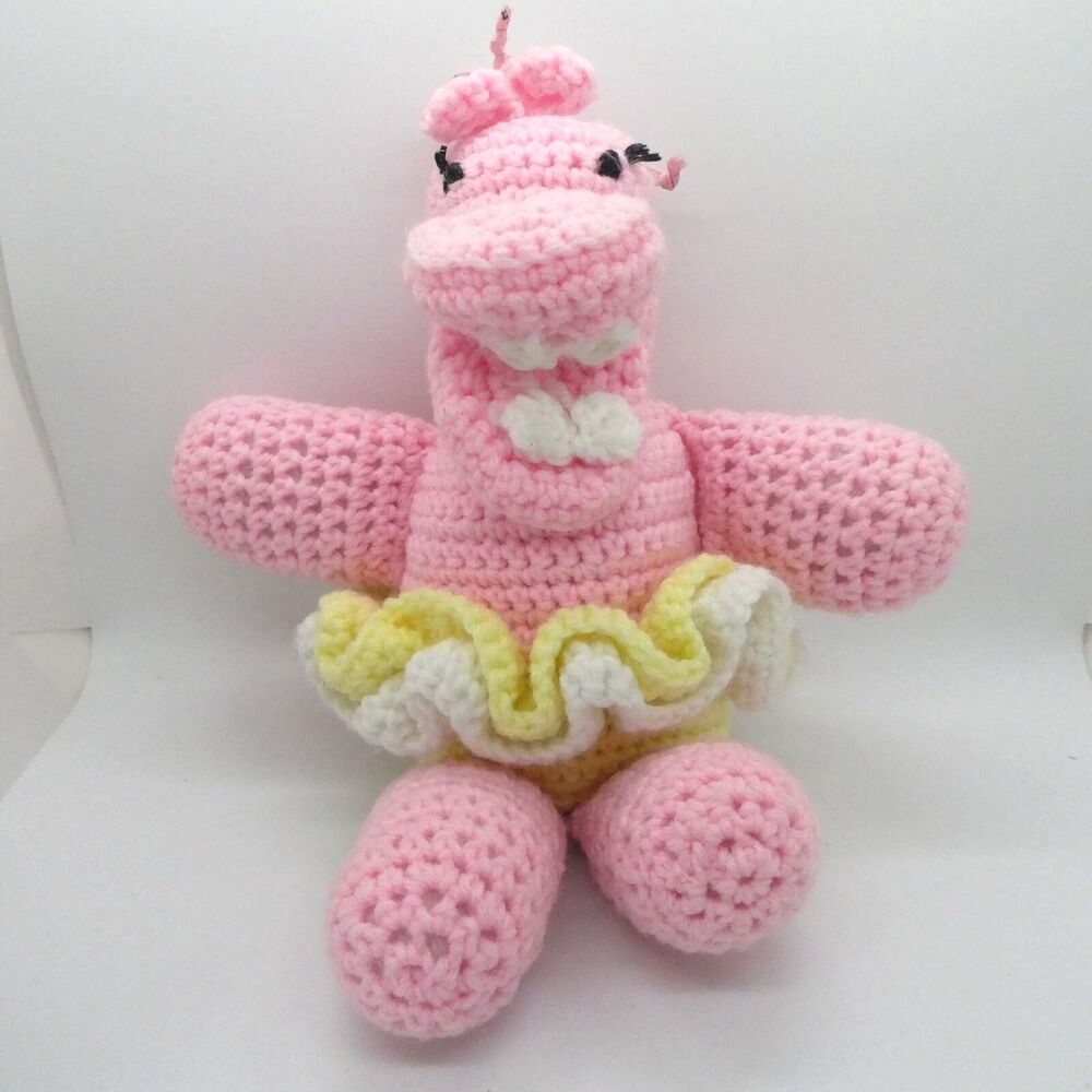 Handmade Crochet Pink Ballerina Hippo Yellow TuTu Ribbon Nursery Baby Dancer 12"